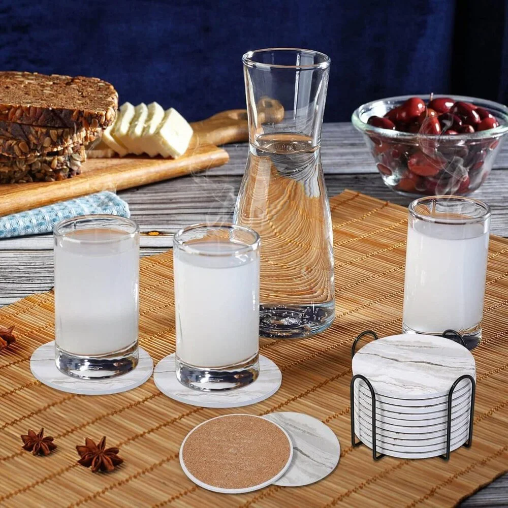 Coasters Set of 10, Absorbent Drink Coasters with Holder, Marble Style Ceramic C
